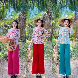 Sét bộ áo và quần bà ba, bộ bà ba tay dài cổ tim chất vải mango đủ size 40-70kg