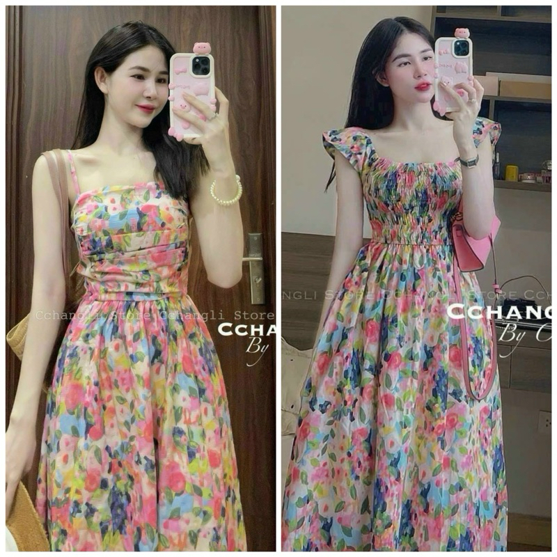 Đầm xòe lụa hoa mocking eo phong cách ngọt ngào