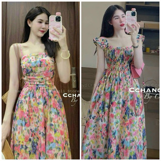 Đầm xòe lụa hoa mocking eo phong cách ngọt ngào