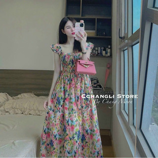 Đầm xòe lụa hoa mocking eo phong cách ngọt ngào