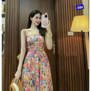 Đầm xòe lụa hoa mocking eo phong cách ngọt ngào