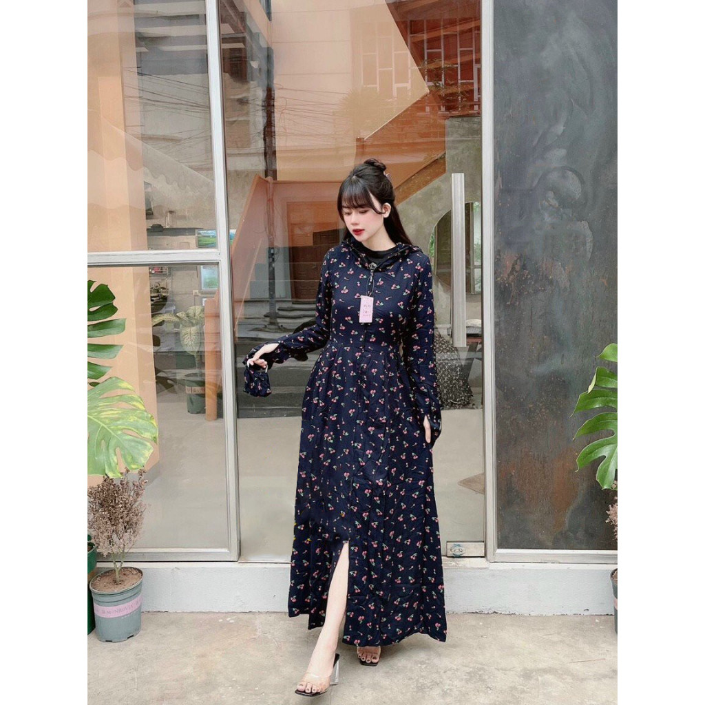 Áo chống nắng nữ toàn thân lanh nhung Nhật 3 lớp dáng xòe không xẻ sau dày dài kín chân - ao chong n