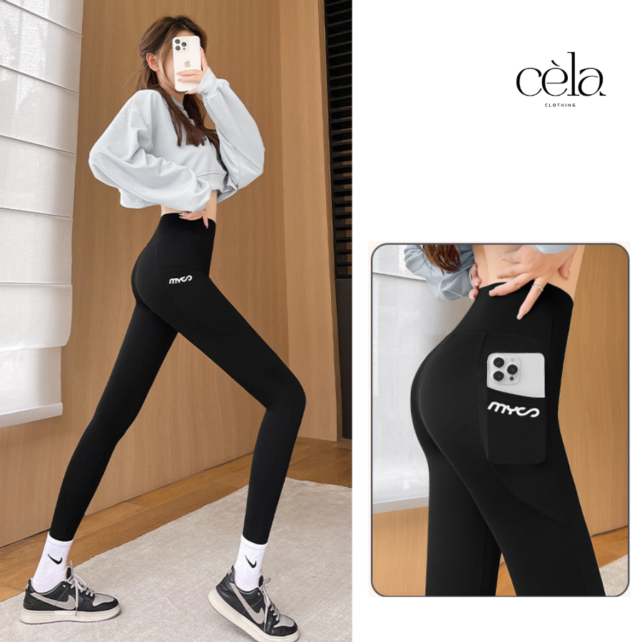 Quần legging nữ dáng dài cạp cao có túi CÈLA, quần tập gym yoga nâng mông tôn dáng co giãn 4 chiều