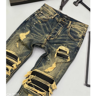 Quần Bò Biker A.Mi.Ri Vá Da Tua Vàng Hàng Đẹp mới cập bến, Quần jean côn nam A Mi Di khóa cúc xanh đậm vảy sơn