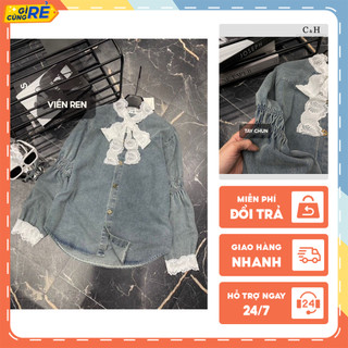 Áo Sơ mi bò nữ phối viền ren Dáng Dài Áo sơmi Jeans tay chun Cá tính C&H Clothing