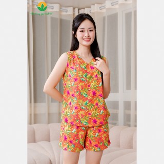 Bộ đồ lanh Việt Thắng quần đùi áo sát nách nữ xếp ly vai - Thời trang Việt Thắng B02.2401
