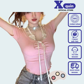 Áo kiểu nữ ngắn tay phối yếm bèo nhỏ đính nơ trước ngực Xquin, Áo thun nữ dáng croptop cổ yếm bèo phối nơ tiểu thư