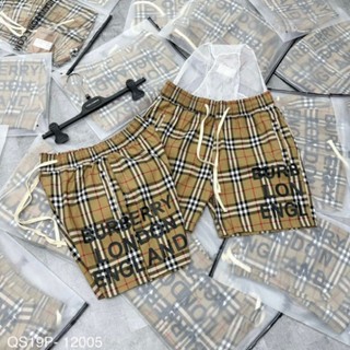 1B - Quần short nam Burberry hoạ tiết kẻ sọc caro be in chữ BBR London England dây sữa thoáng mát đẹp