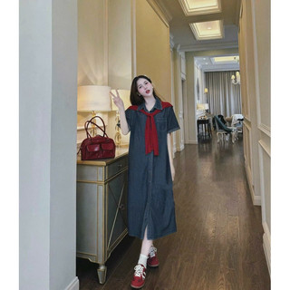 [Kim Clothing] Đầm sơ mi denim cổ bẻ gài nút form rộng + khăn len đỏ