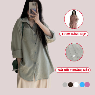 Áo sơ mi nữ dài tay phong cách hàn quốc dáng xinh madela, áo sơ mi đũi xước dáng rộng trẻ trung