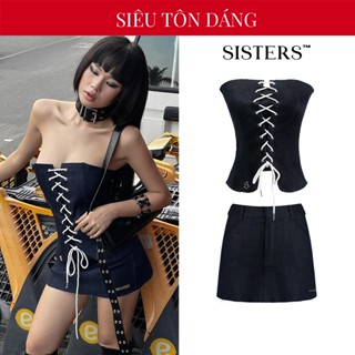 Set áo cúp ngực form corset SISTERS đan dây thắt nơ phối chân váy midi chữ A jeans Draws SIS-CLUB  | SS-SET39