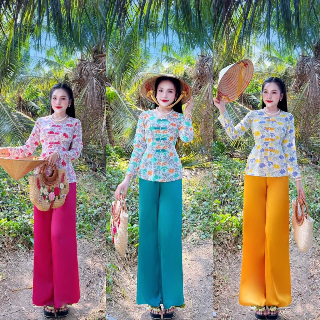sét bộ bà ba cổ tim tay dài lụa mango đủ size hoa lá