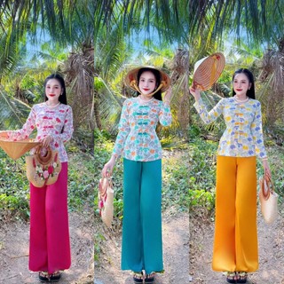 Sét bộ bà ba cổ tim tay dài lụa mango đủ size hoa lá