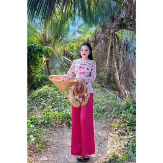 sét bộ bà ba cổ tim tay dài lụa mango đủ size hoa lá