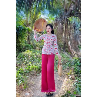 sét bộ bà ba cổ tim tay dài lụa mango đủ size hoa lá