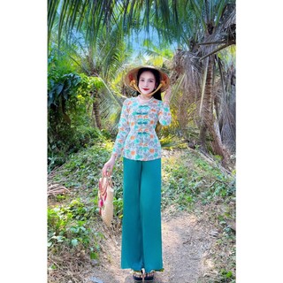 sét bộ bà ba cổ tim tay dài lụa mango đủ size hoa lá