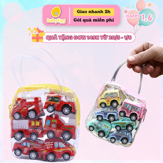 Set 6 ô tô nhỏ mini cứu hỏa xe taxi xe công trường chạy cót chạy trớn đà đồ chơi cho bé trai bé gái 1 2 3 4 5 6 7 tuổi