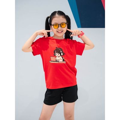 Bộ đồ bé gái (áo phông + quần đùi) thun cotton in hình em bé ngồi học -Set đồ bé gái cân nặng từ 15-40kg- Loza Kids SB18