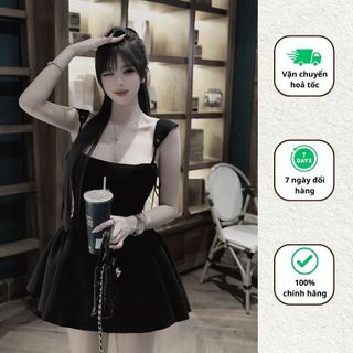 Váy xoè dáng ngắn thiết kế chiết eo đầm hai dây thắt vai điều chỉnh sang chảnh Minaca Clothing V276