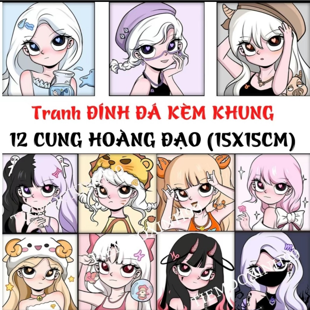 Bộ tranh đính đá 12 cung hoàng đạo kèm khung để bàn, sẵn dụng cụ đính, đá đính
