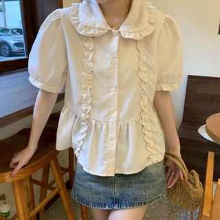 Áo sơ mi nữ, Áo tay phồng cổ búp bê, áo baby doll viền ren màu kem