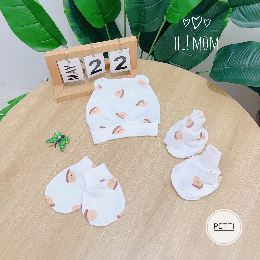 Set Mũ Kèm Bao Tay Chân Hi! Mom  Nền Trắng Họa Tiết Chất Vải PETTI Mềm Mát Thoáng Khí Cho Bé Sơ Sinh