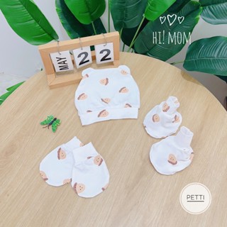 Set Mũ Kèm Bao Tay Chân Hi! Mom  Nền Trắng Họa Tiết Chất Vải PETTI Mềm Mát Thoáng Khí Cho Bé Sơ Sinh