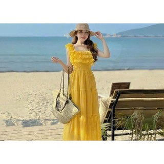 Đầm Cánh Tiên Maxi Thục Nữ , Đầm Đi Biển Phối Bèo Chất Tơ Tằm Gãy Váy Xòe Dài Xinh Xắn