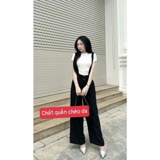 Set quần yếm ống rộng mix áo cổ trong tay ngắn dễ thương nằng động - quần chéo da