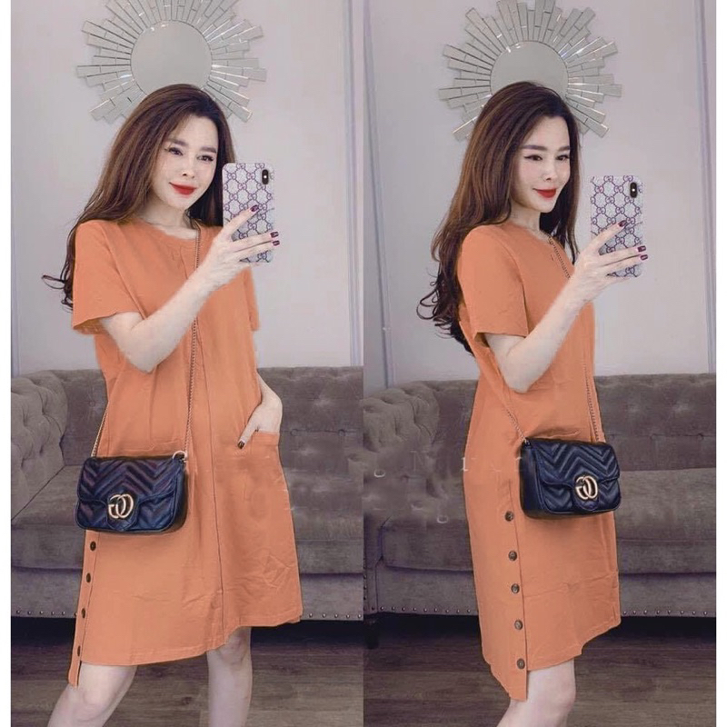 Váy bầu xinh giá rẻ thời trang xuông chất phông mát mùa hè cộc tay khuy sườn