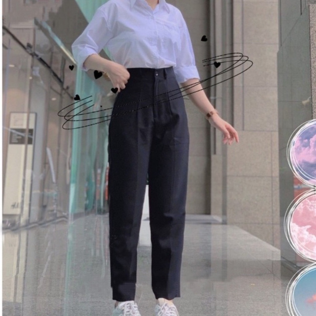 Quần tây nữ lưng cao đi học dáng dài màu xanh đen cạp có đai ống đứng Quần tây baggy nữ cạp cao đi h