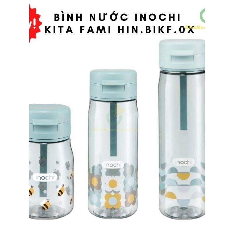 Bình nước Kita Fami 500ml - 700ml Chính hãng Inochi Nút bấm mở bình, Nút silicon chống tràn
