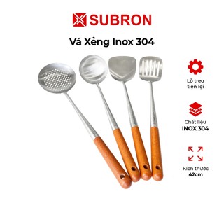 Vá xẻng inox 304 Subron, loại cỡ lớn cán dài có tay cầm bằng gỗ, xẻng nấu ăn, xẻng chiên, muôi canh, muôi thủng