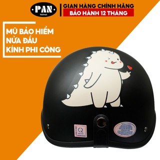 Mũ Bảo Hiểm Nửa Đầu Kính Phi Công Tem Dán Cute Cho Nam và Nữ PAN Helmet - Đen Tem Khủng Long