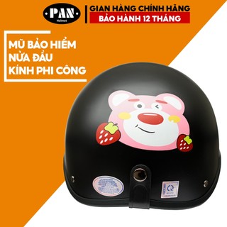 Mũ Bảo Hiểm Nửa Đầu Kính Phi Công Tem Dán Cute Cho Nam và Nữ PAN Helmet - Đen Tem Gấu Dâu