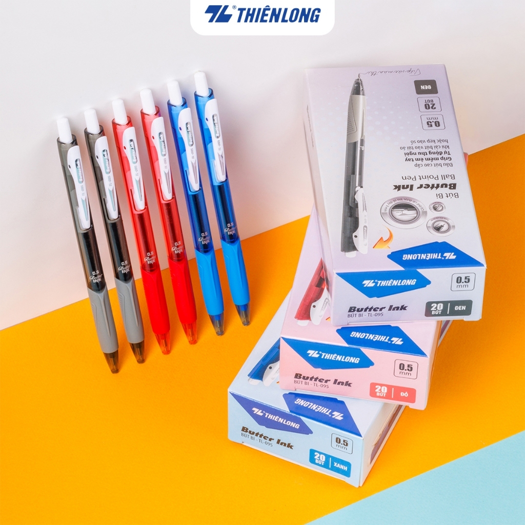 Combo 5 Bút bi Thiên Long TL-095 ngòi 0.5mm - Bút bi Butter Ink viết 3 màu xanh/đen/đỏ TL 095