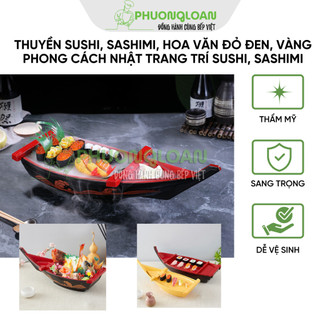Thuyền Sushi, Sashimi, Cá hồi, Hải sản nhựa hoa văn đỏ đen, vàng phong cách Nhật trang trí sushi, sashimi