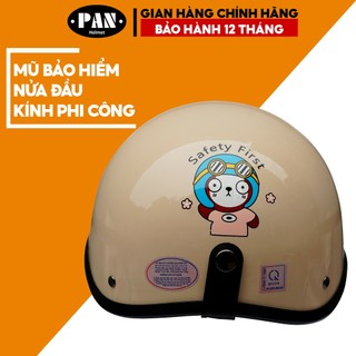 Mũ Bảo Hiểm Nửa Đầu Kính Phi Công Tem Dán Cute Cho Nam và Nữ PAN Helmet - Kem Sữa Tem Safety First