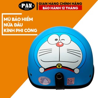 Mũ Bảo Hiểm Nửa Đầu Kính Phi Công Tem Dán Cute Cho Nam và Nữ PAN Helmet - Xanh Tem Doraemon