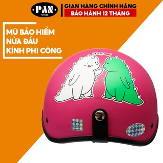 Mũ Bảo Hiểm Nửa Đầu Kính Phi Công Tem Dán Cute Cho Nam và Nữ PAN Helmet - Hồng Sen Tem Khủng Long