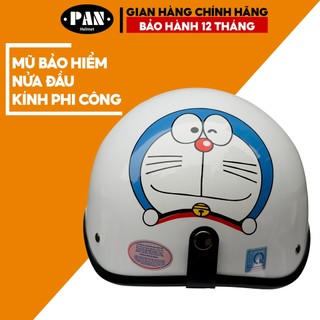 Mũ Bảo Hiểm Nửa Đầu Kính Phi Công Tem Dán Cute Cho Nam và Nữ PAN Helmet - Trắng Tem Doraemon