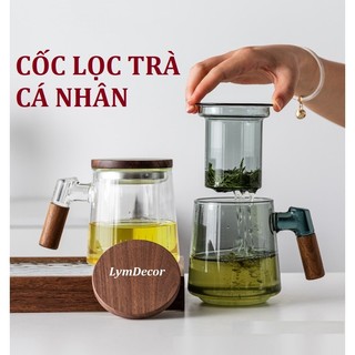 (HỘP QUÀ ĐẸP) Cốc lọc trà tay gỗ có nắp, cốc trà cá nhân, cốc thủy tinh cao cấp không chì
