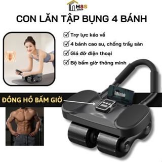 Con Lăn Tập Bụng Trợ Lực 4 Bánh Chống Đổ Có Đồng Hồ Dụng Cụ Plank Tại Nhà Tặng Kèm Thảm Kê Chân