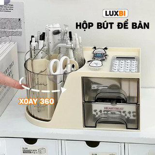 Hộp đựng bút để bàn có ngăn kéo tiện dụng, hộp bút để bàn học xoay tròn 360 độ Luxbi