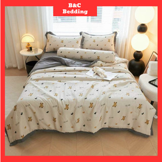 Bộ chăn ga gối 5 món chần chăn ga chất cotton đũi: chăn chần, ga giường chần bông, 2 vỏ gối, 1 vỏ ôm, bộ ga giường trần