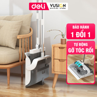 Bộ chổi quét nhà kèm xẻng hót rác gấp gọn Deli đa năng thông minh, màu trắng chất liệu nhựa cao cấp và thép không gỉ