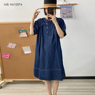 Đầm liền denim ngắn tay KAMAKA xòe cổ tròn khuy cài - NU10374