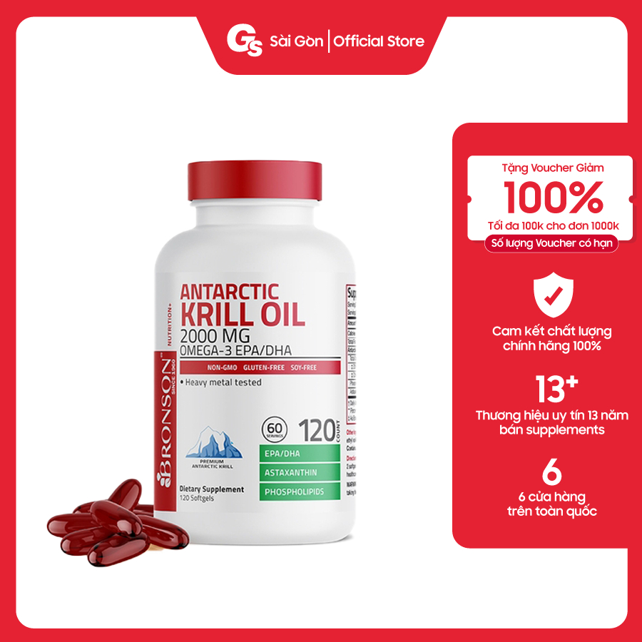 Dầu nhuyễn thể Bronson Antarctic Krill Oil Omega-3 EPA/DHA, 2000 mg - Hỗ trợ sức khỏe toàn diện nhập