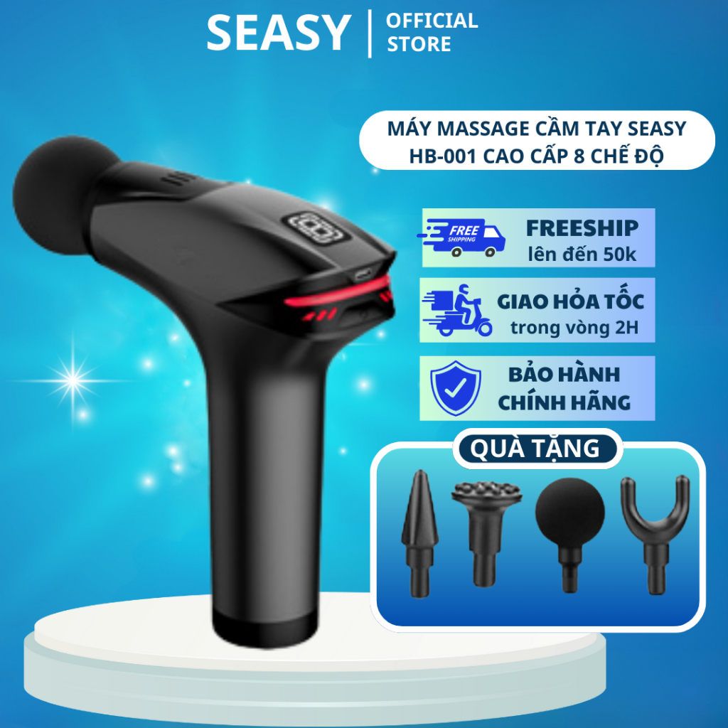 Máy massage cầm tay SeaSy HB-001 đấm lưng, mát xa trị liệu cổ vai gáy 8 cấp độ Tặng kèm 5 đầu