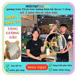 Sét decor siêu xinh. Gương trang điểm treo tường soi mặt size 55cm kèm quà tặng kệ decor trăng trí phòng mirrortoctoc